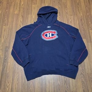 Vintage Reebok Montreal Canadiens NHL Hoodie Mens 2XL Navy Red Stripe Hockey E1